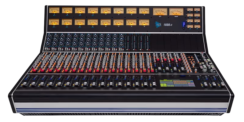 API 1608-II analog mixing console, a mid-sized recording studio desk with rows of faders, knobs, and yellow VU meters.