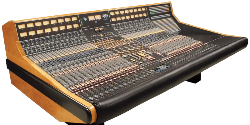 Large format, analog recording console, API Legacy AXS, with wooden side panels, dozens of faders, and VU meters.