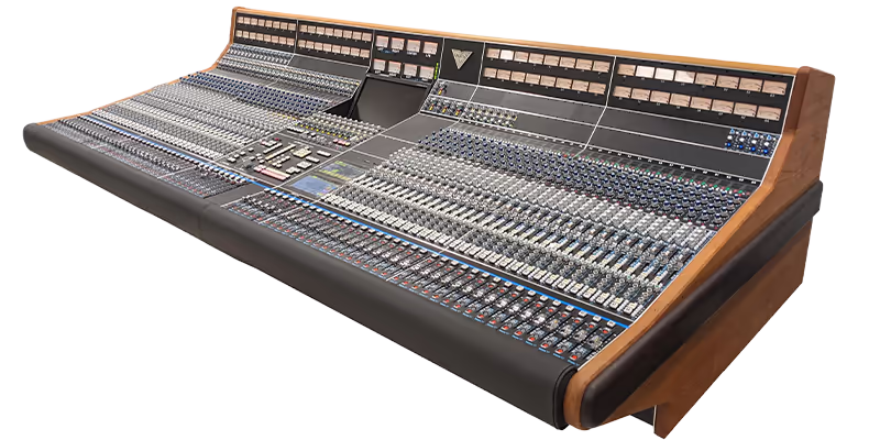 API Vision large format analog mixing console for professional recording studios, featuring wooden end cheeks and many faders.